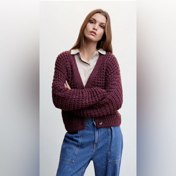 Mango Deep Burgundy Knit Oversized Cardigan XS - Picture 1 of 8